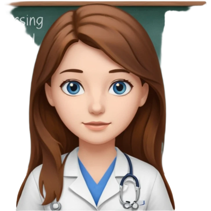 university classroom that says nursing school on the blackboard with a pretty female nursing student with long brown hair, blue eyes emoji