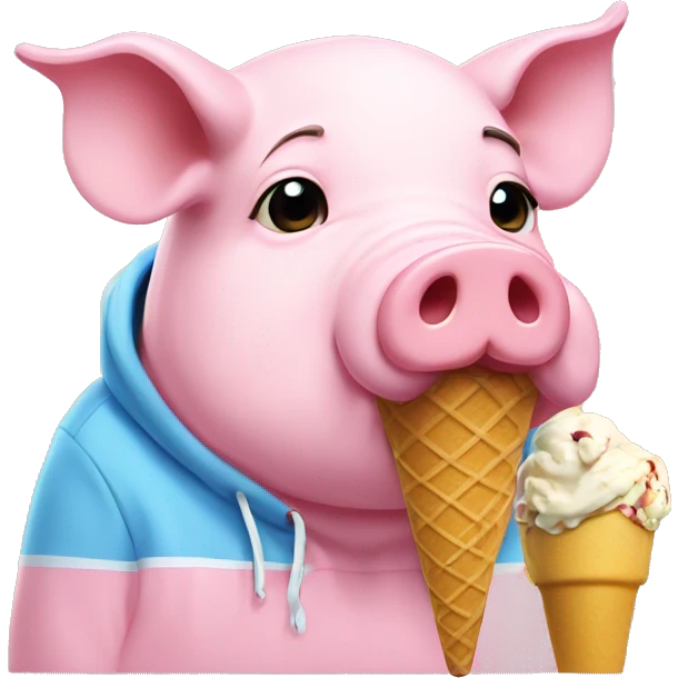 JUMBO PIG PINK PASTEL WEARING HODDIE BLUE MIX YELLOW AND eating ice cream emoji