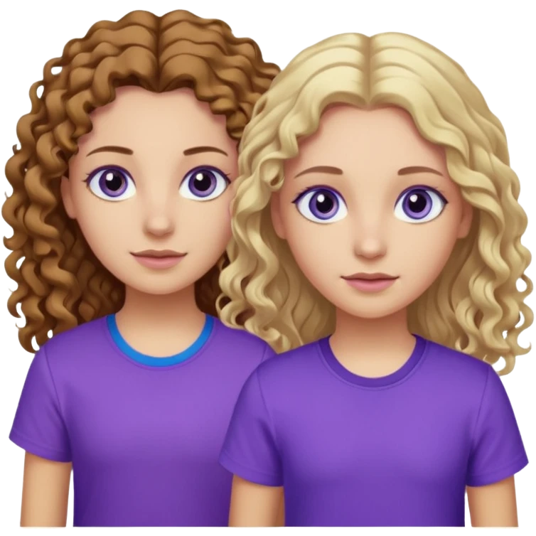 Twin sisters, one has brown eyes, long curly brown hair, the other one has blue eyes and straight blond hair purple shirt emoji