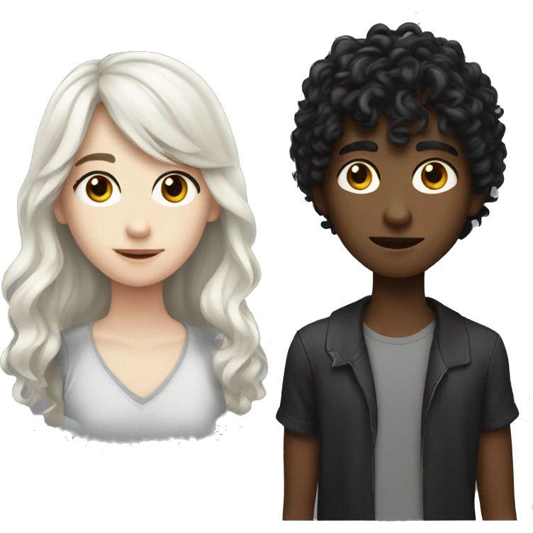 realistic teenager with white skin .  he has very black and wavy hair.  He has bangs to the right, his eyes are black, he is tall, he has an elongated neck and head emoji