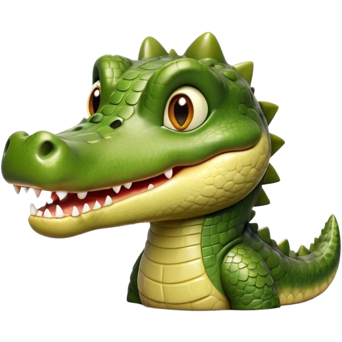 Cinematic Realistic Cute Crocodile Portrait Emoji, Head tilted playfully and inquisitively, featuring a robust, well-defined build with intricately detailed, glossy olive-green scales and a surprisingly endearing face with round, sparkling eyes full of unexpected charm, rendered with lifelike texture and natural highlights, high shine, affectionate and spirited, styled with a touch of wild whimsy, soft glowing outline, capturing the essence of a mischievous yet lovable crocodile that seems poised to snap playfully out of the screen into your arms! emoji