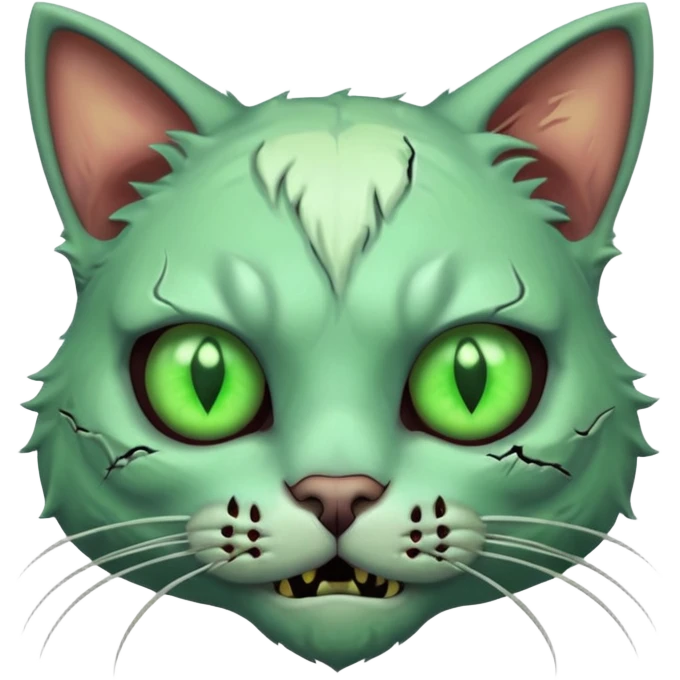 zombie cat portrait, head and shoulders only, pale fur, cracked skin patches, eerie glowing eyes, mischievous undead vibe, 3D cartoon, mobile game icon style, clean background, no text, no watermark
 emoji