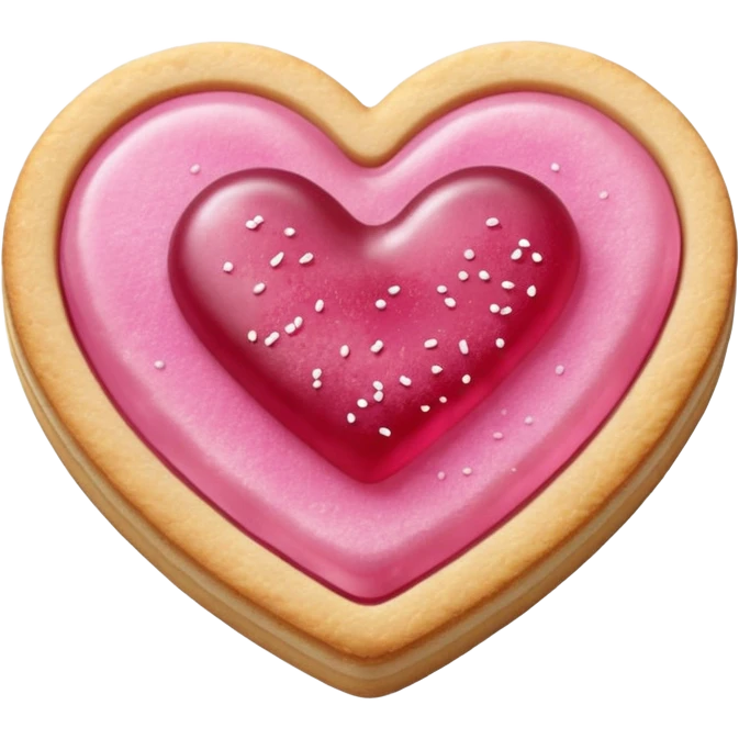 Realistic shortbread cookie in the shape of a heart with pink jelly middle filling and sprinkled powder sugar on top. emoji
