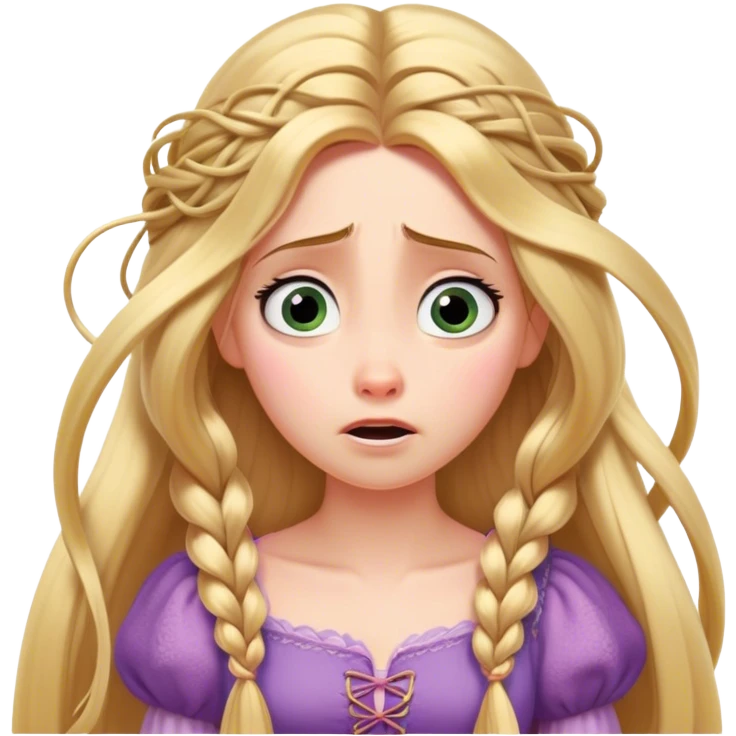 Cinematic Funny Rapunzel Portrait Emoji, Looking exhausted while tangled in her own hair, a dramatic sigh, eyes rolling with humorous exasperation, a hilariously relatable moment for the long-haired princess! emoji