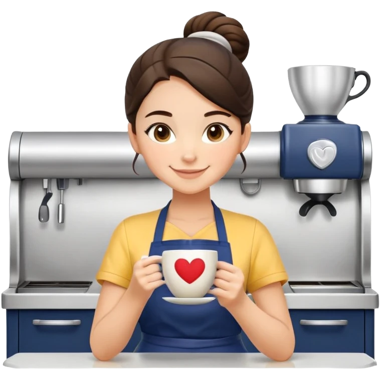 Cute brunette barista girl with hair in a bun wearing yellow shirt and dark blue apron, she's relaxed and making heart-shaped latte art, smiling at the coffee cup with a heart design in the foam emoji