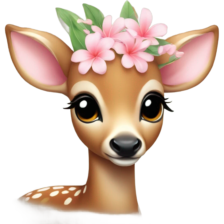 A sweet baby deer with a light pink tropical flower on the side of her her head  emoji
