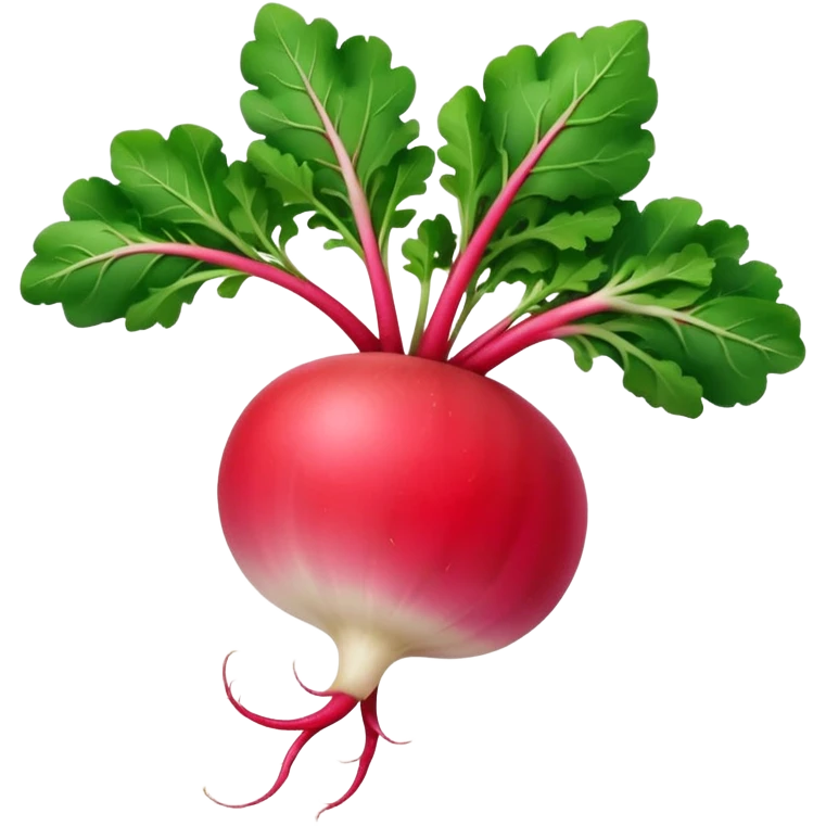 whole fresh radish with round vibrant pink-red body, short white root tip, smooth slightly glossy skin, crisp appearance, bright green leafy tops, no dirt, no slicing, no extras, soft lighting, subtle shadows, emoji scale emoji
