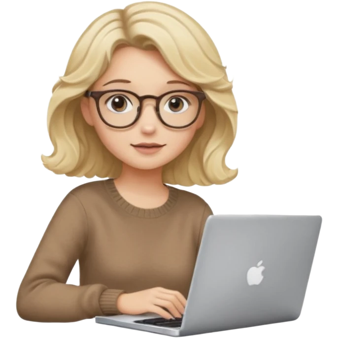 blonde girl with dark blonde wavy hair, pantos-style glasses, a brown sweater, sitting with a laptop, soft pastel colors, upper body shot emoji
