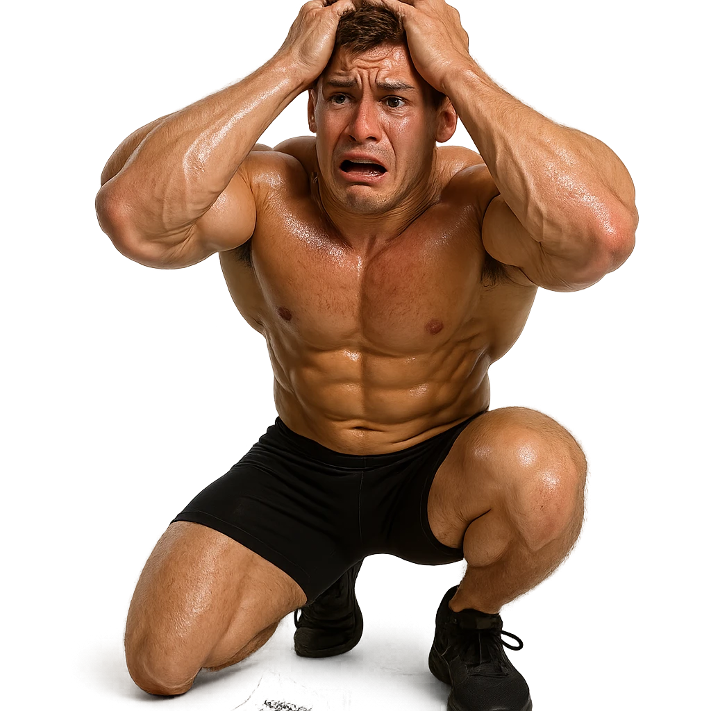 realistic muscular but disproportionate young man, shiny and marked skin, syringe fallen on floor, desperate expression, crumpled dosage chart, atmosphere of failure, isolated on white background, 4K quality emoji