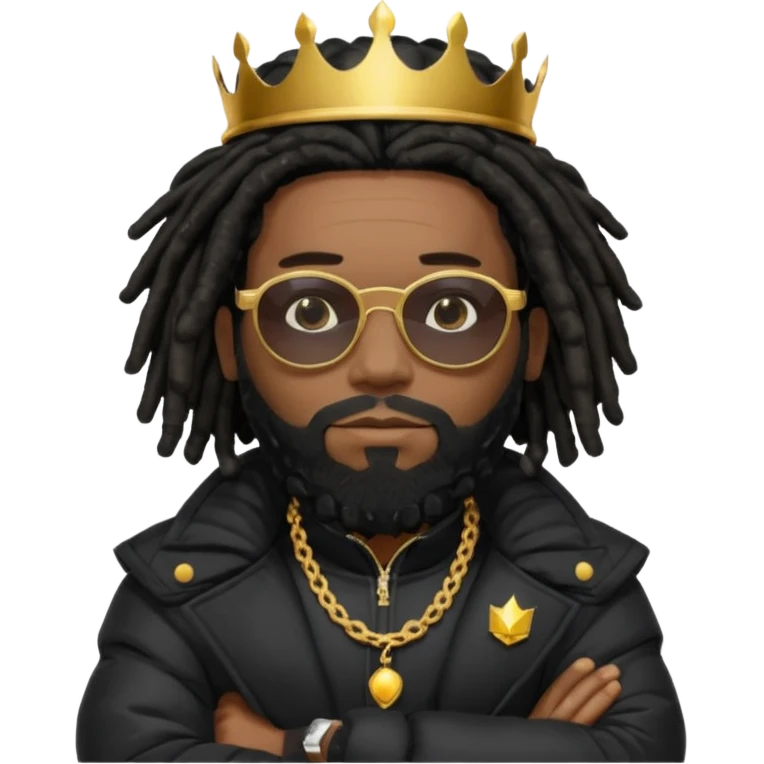 African American man with shoulder length black dreadlocks with black beard wearing  dark black sunglasses with a black bubble winter coat wearing a crown with arms folded on chest emoji