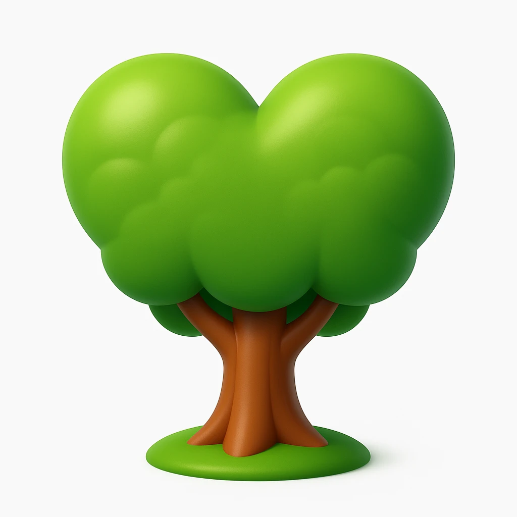 Recreate the tree with a heart-shaped canopy and overall shape as shown in the reference image, but in a 3D emoji style. The style should mimic Microsoft style 3D fluent emojis with smooth, rounded shapes and vibrant colors. emoji