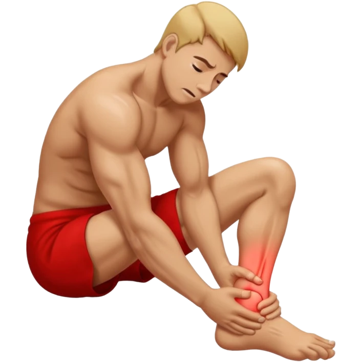 Man holding his foot in pain, muscle cramp in feet, red pain highlight on foot, simple medical emoji style, clean background emoji