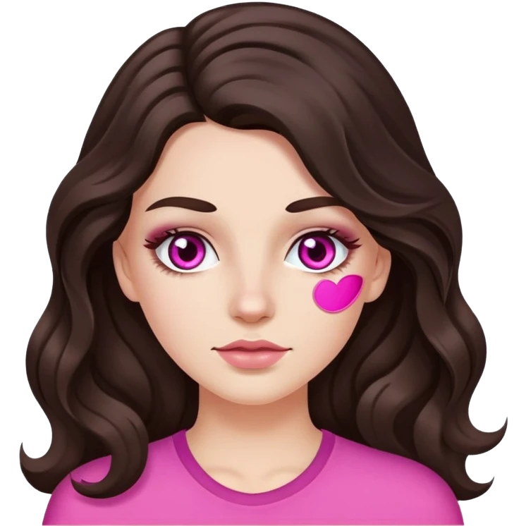 A white girl with long dark brown wavy hair and two pink cosmetic patches under her eyes emoji