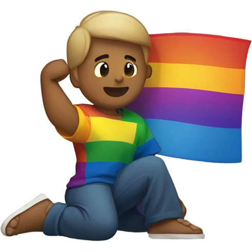 Full body Person holding fist up kneeling on ground rainbow flag behind emoji