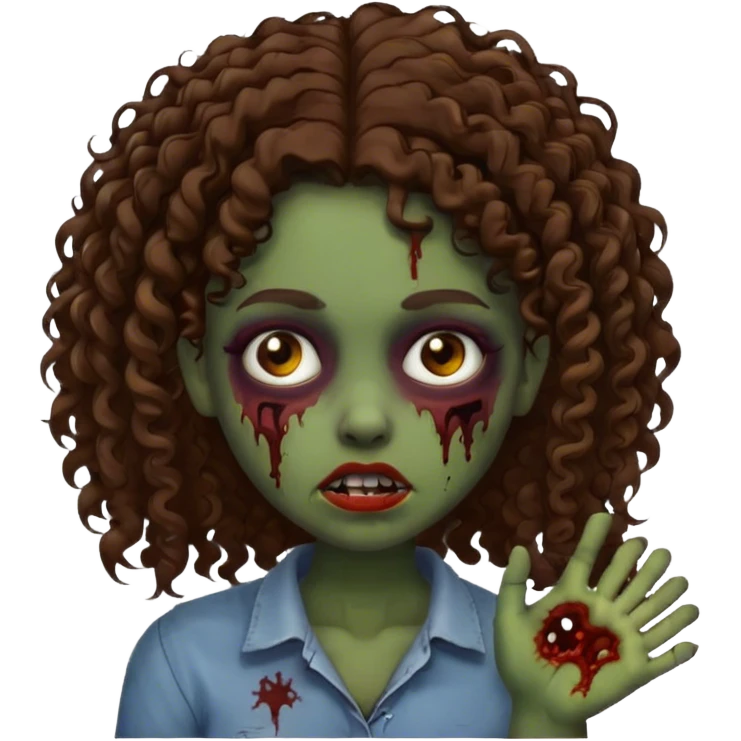 Brown girl with curly brunette hair being a zombie emoji