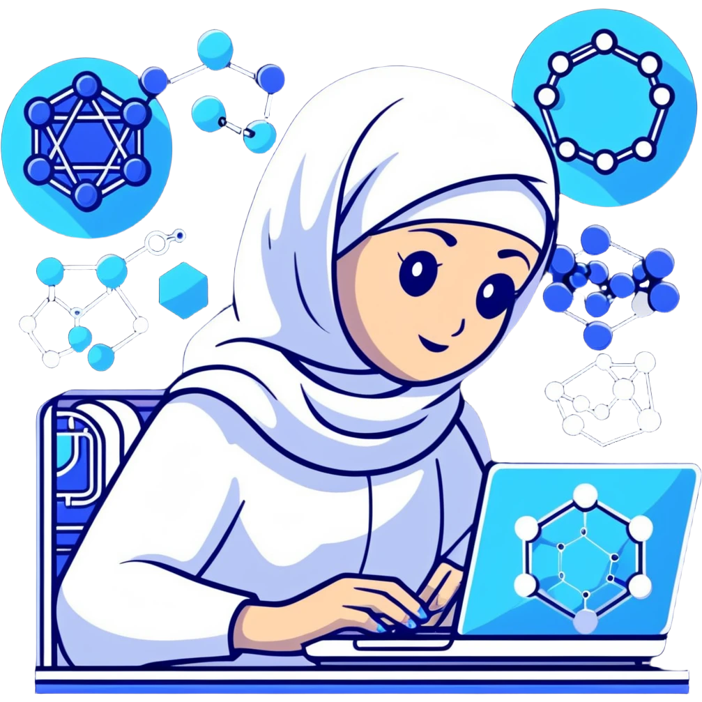 computer engineer with white hijab in blue clothes, surrounded by next-gen holographic displays showing 3D molecular structures, advanced algorithm visualizations, futuristic UI, quantum computing elements, digital brain patterns emoji