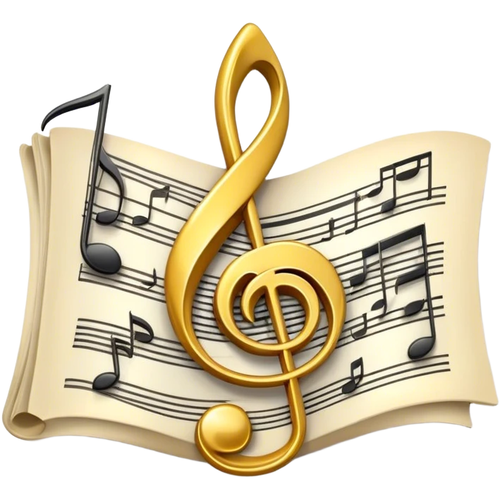 Create a bright and artistic emoji that represents music composition. The design should feature musical notes, a pencil or quill, and a sheet of music, symbolizing the creative process of composing a song. Add a touch of elegance with flowing lines to represent melody and rhythm. Use gold or silver tones for sophistication, and incorporate a mix of vibrant colors to convey creativity. The background should be transparent. emoji