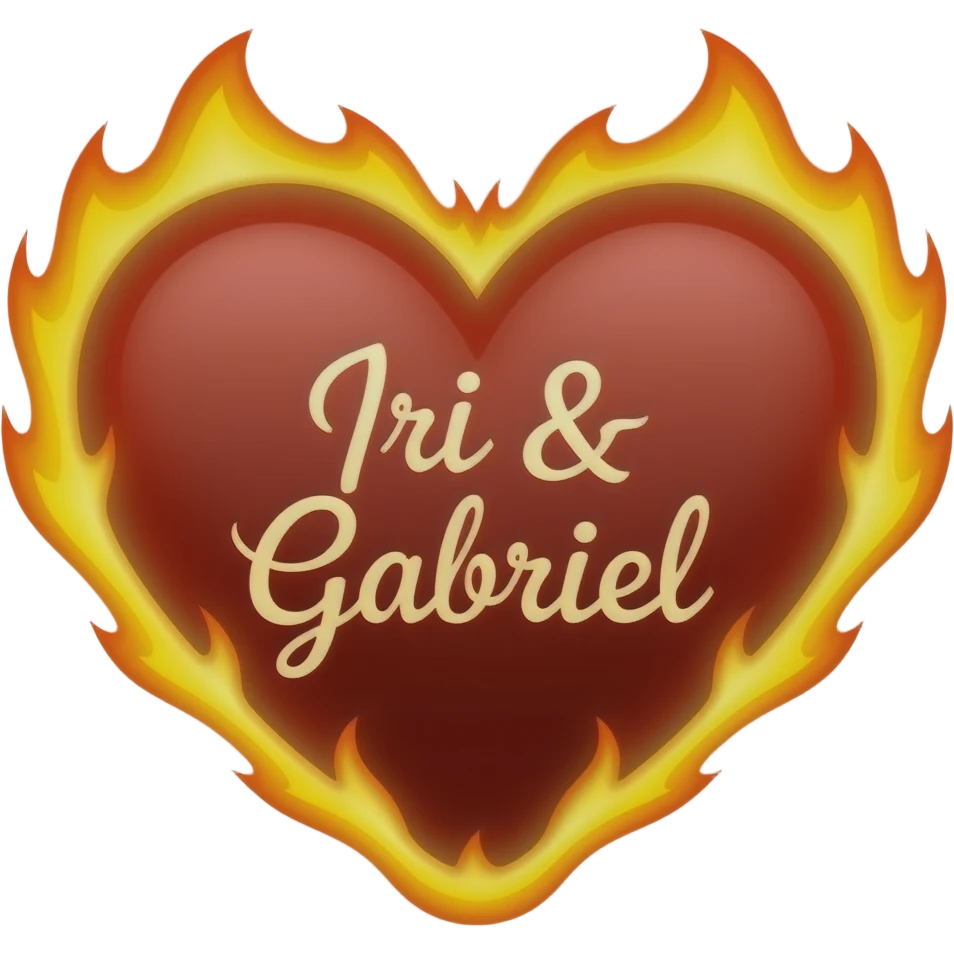 Un cœur en feu avec écrit « Iri & Gabriel » à l’intérieur en version emoji réaliste emoji