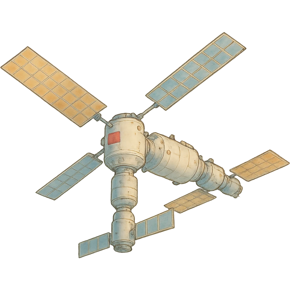 ghibli style illustration of Tiangong orbital station with soft colors emoji
