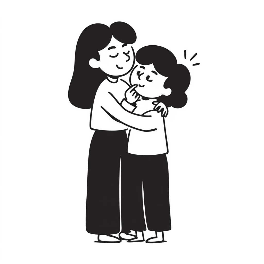 A person hugging another person with a mysterious smile and a finger to their lips emoji