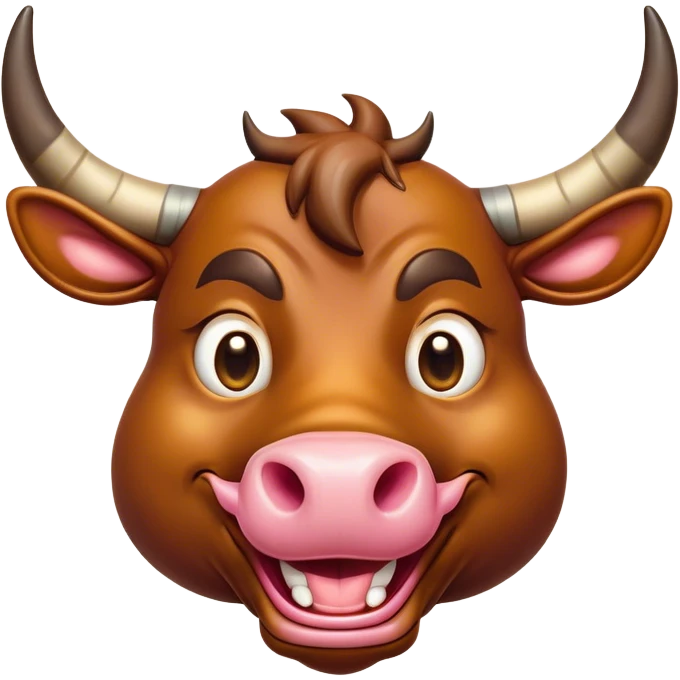 Cinematic Comical Domestic Bull Portrait Emoji, Head tilted dramatically with an exaggeratedly amused expression, featuring a striking, glossy coat with boldly defined horns and wide, expressive eyes brimming with playful disbelief, Simplified yet hilariously expressive features, highly detailed, glowing with a slightly sassy, earthy glow, high shine, dramatic yet playful, stylized with an air of cheeky rural mischief, soft glowing outline, capturing the essence of a spirited and over-the-top domestic bull that looks ready to charge its way into internet fame instantly! emoji