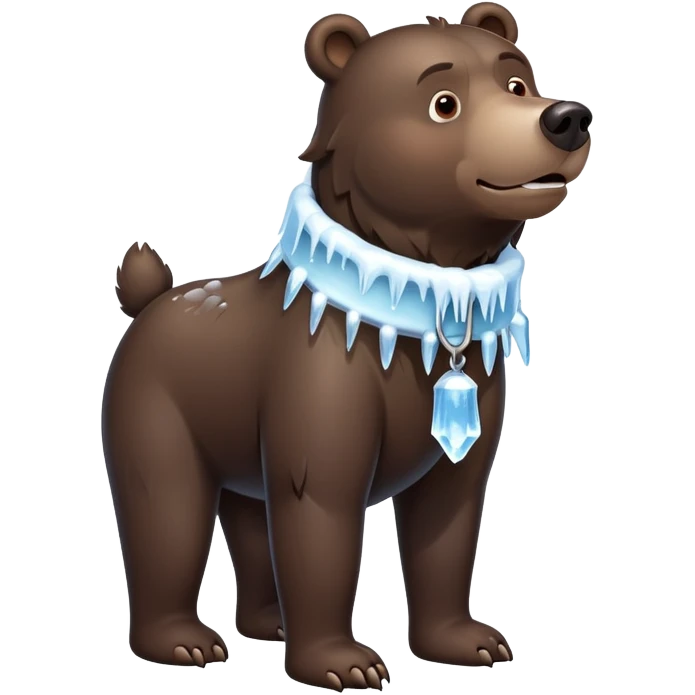 Realistic dark brown bear on four legs with a frozen ice collar that has icicles protruding downward, shaped like a large dog collar but made of crystal clear ice emoji