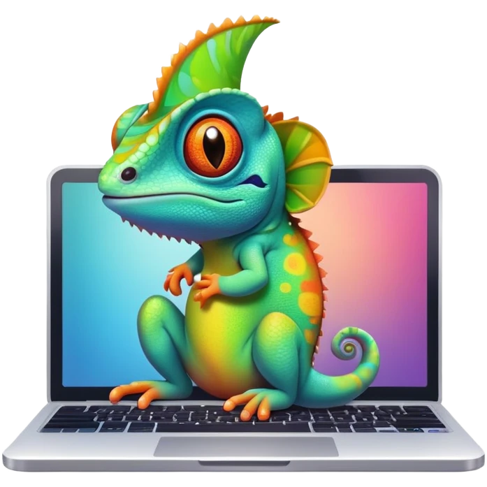 cute chameleon sitting on laptop, adorable face, bright colors, high quality, app logo emoji