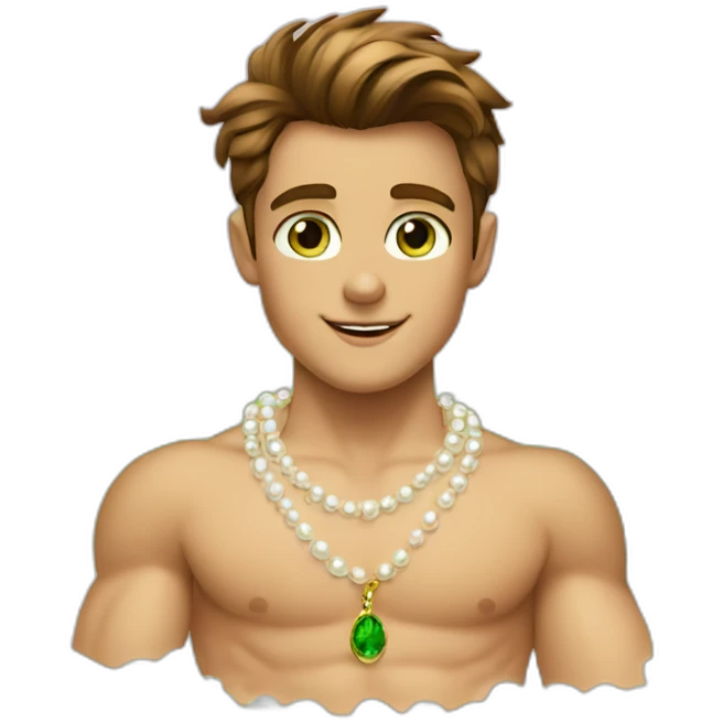 Posh-muscle-boy-brown-hair-green-eyes-pearl-necklace-in-golden-bathtub emoji