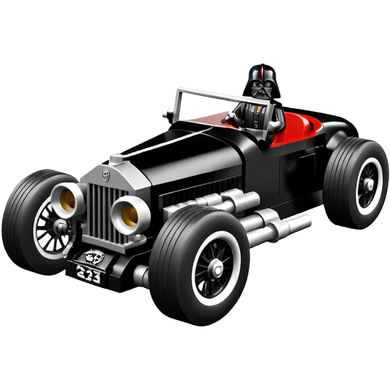 Satanic Darth Vader black Bare bones Lego(channeled cowl) drag racing and speed record modified (fenders removed) chopped streamlined sporty roadster that is a (stripped down) hot street rodded engine sports car 1932 Rolls Royce Woody futuristic  wide racing wheels emoji