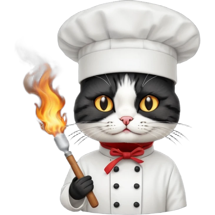 extra black chef cat wearing a tall white chef hat, burning hat emoji