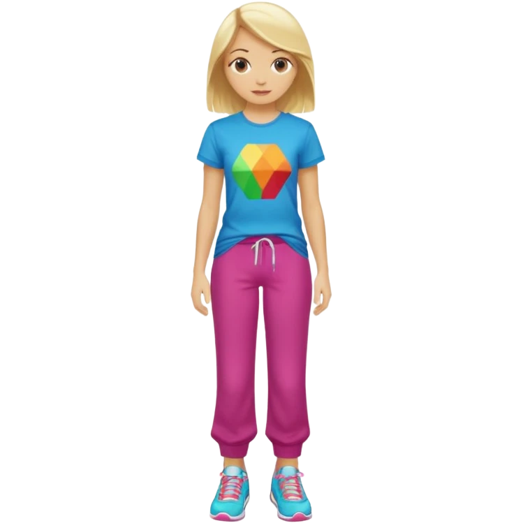 Hiphop dancer, with cute big pants, sneakers, and t-shirt. White girl blond. Coloufull shirt. No pocket pants emoji