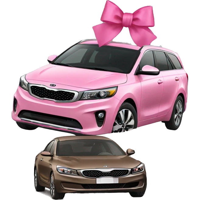 Brown Kia would with girl driving and a pink bow on top of the car emoji
