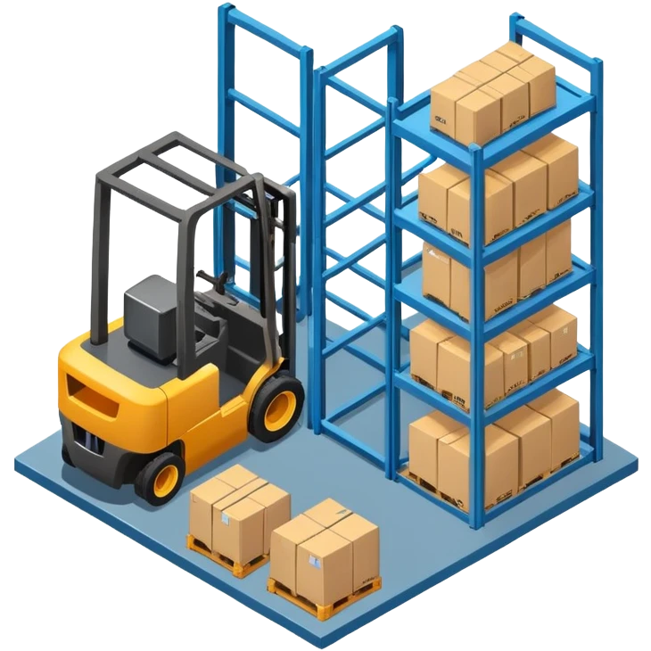 Isometric warehouse with forklift and storage racks inside, large cargo door emoji
