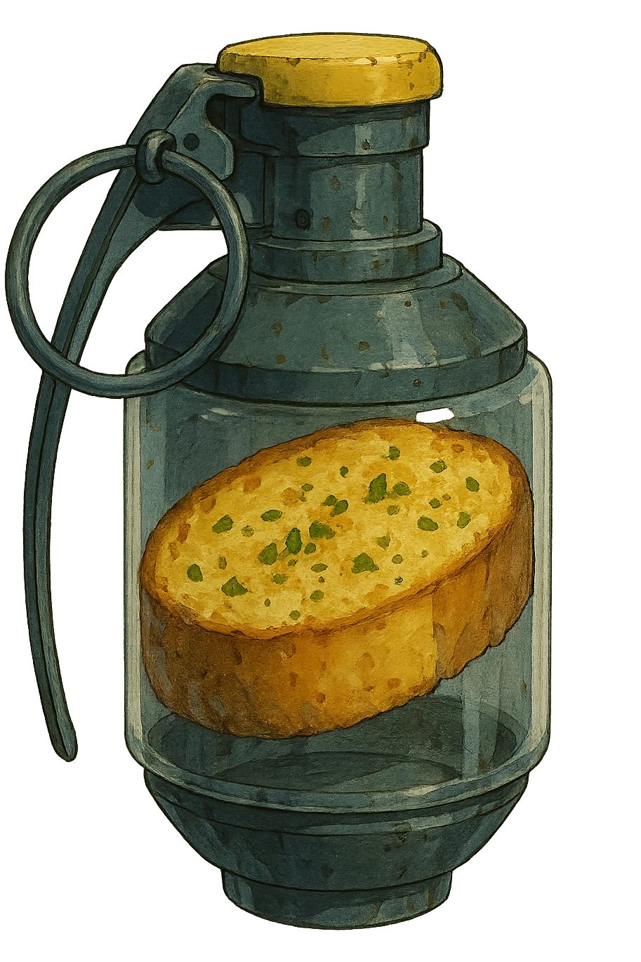 a thermonuclear hand held grenade IED, futuristic cyberpunk. The primed exlosive element is not c4 plastique, but it is garlic bread. emoji