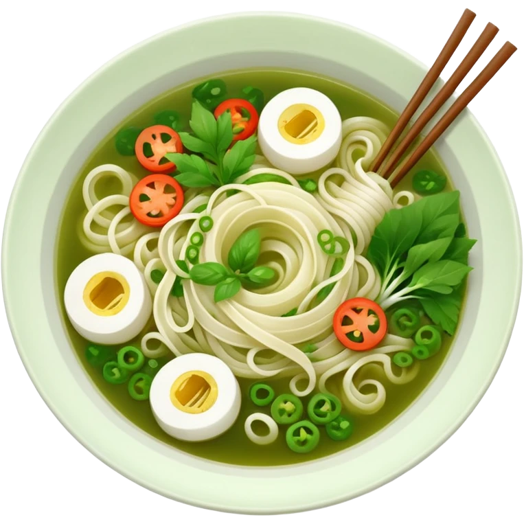 create khmer noodle emoji with green broth and white noodle with vegetable emoji