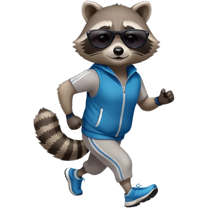 friendly anthropomorphised raccoon in sports wear, wearing dark sunglasses, jogging upright in relaxed pose emoji