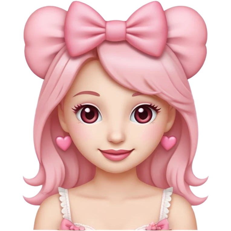 Ultimate coquette emoji with big pink bow, rosy cheeks, batting eyelashes, sweet smile, heart accents, ultra feminine, dainty, soft pink color palette emoji