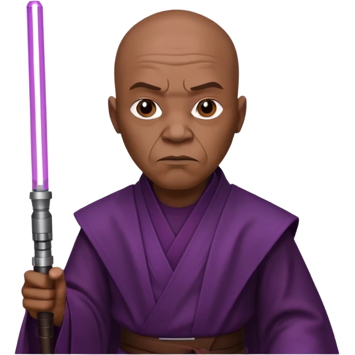 star wars master windu bald head, no facial hair, brown jedi outfit with purple lightsaber emoji