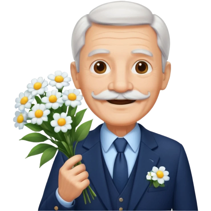 homme âgé en costume bleu foncé souriant avec moustache portant un bouquet fleurs blanche  emoji