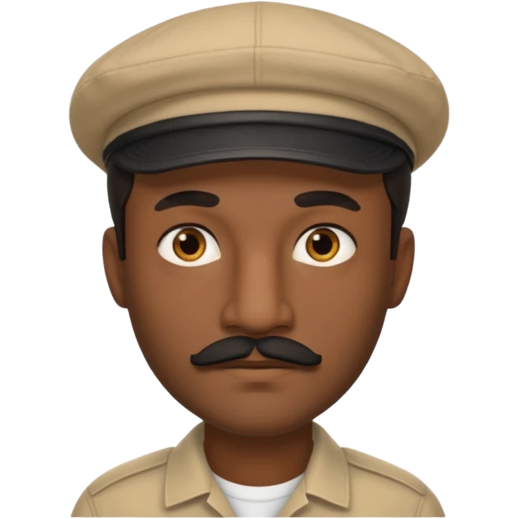 A dark-skinned man with a beige cap, brown eyes, and a thin black mustache. emoji