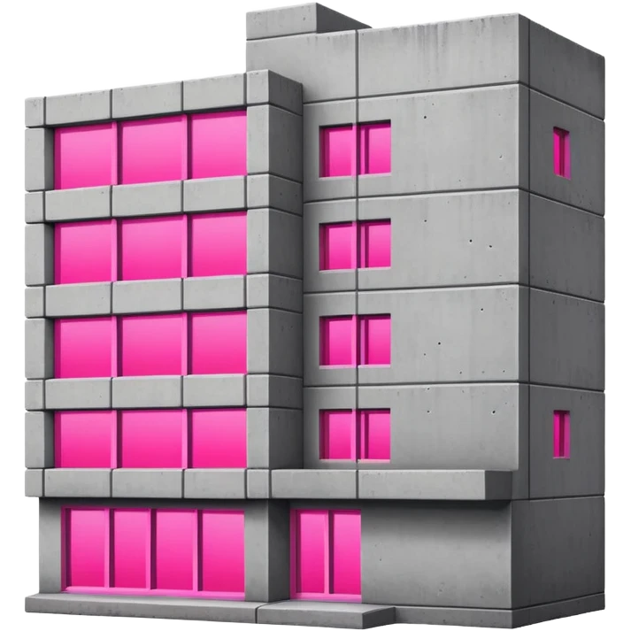 Brutalist gray concrete block building with one neon pink window and several regular windows emoji