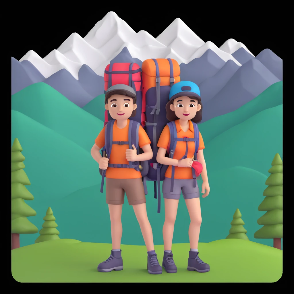 back packer couple posing, mountains in background,   close up pose emoji