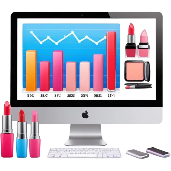 iMac computer with bar charts and beauty products inside the screen emoji