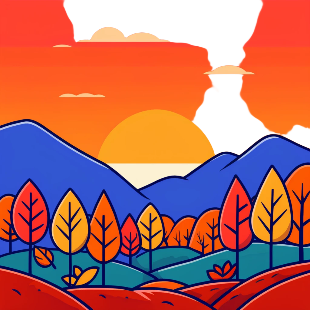 fall sunset with pumpkins, orange and red sky, falling leaves emoji