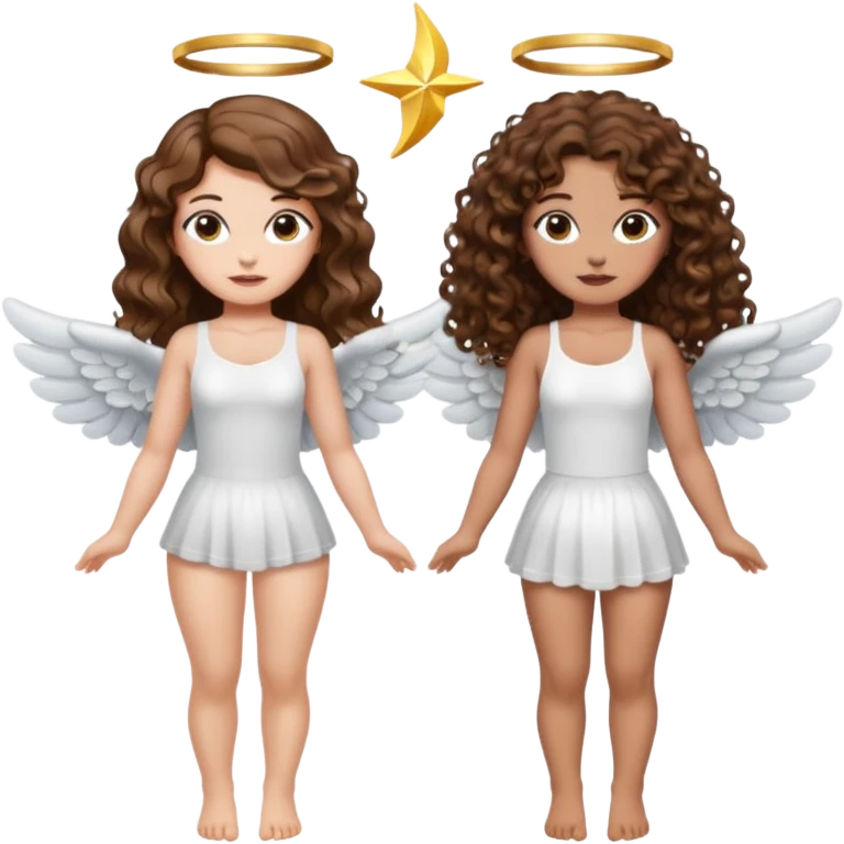 fake angel pose — long wavy brown hair tattooed woman and short tight curly brown hair woman — halo sparkle emoji