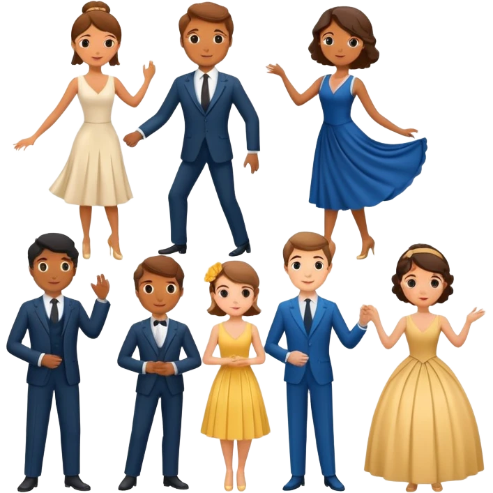 A theater set containing three couples, a suit and dress pair, a philosophy professor and dance teacher, and a young French couple, bufo model emoji