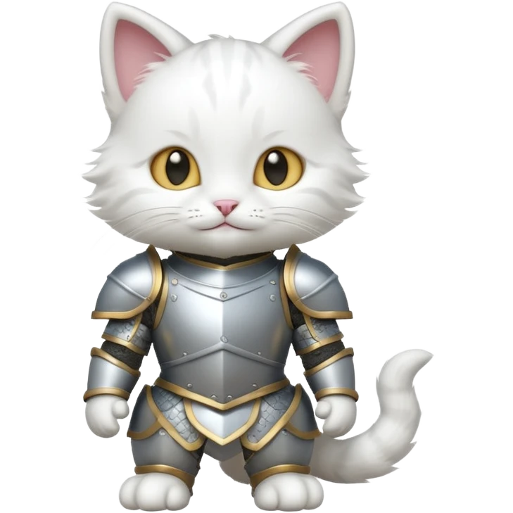 baby white cat in armor, full body, smile emoji