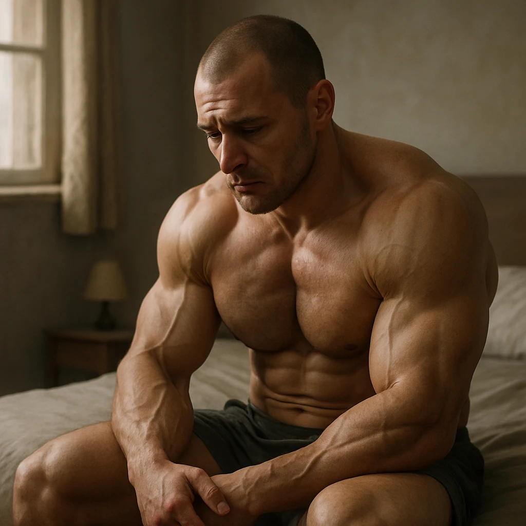 hyperrealistic muscular male bodybuilder, very depressed and downcast, sitting or lying on a bed, sad and dejected expression, gaze lost in the void, realistic environment with soft natural light, melancholic atmosphere, detailed, context suggesting psychogenic problems emoji