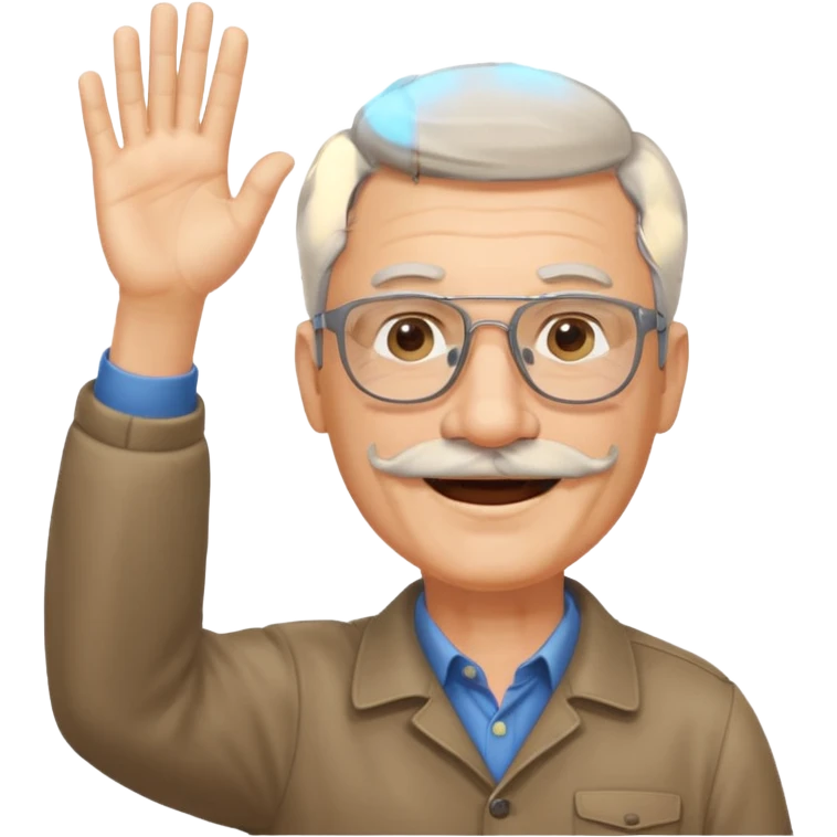 60 yr man with partially gray hair, mustache, light glasses, waving hello emoji