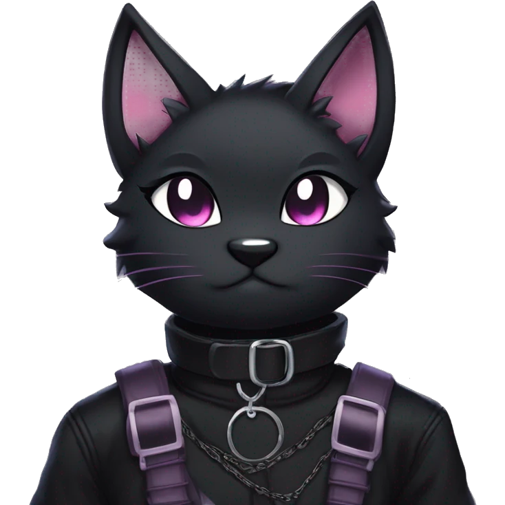 Gorgeous furry gothic dark techwear anime style anthro black cat furry sona Fakemon with blushing face aesthetic and pretty edgy black with collar and harness trending style emoji